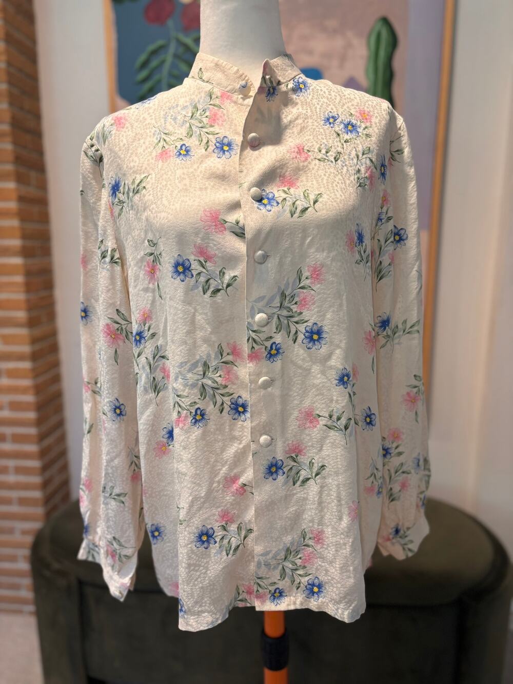 Vintage Ivory Floral Jacquard Mandarin Collar Blouse Cottagecore Romantic